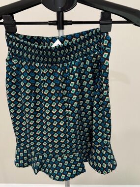 Geometric Print Smocked Waist Skirt - Teal/Black